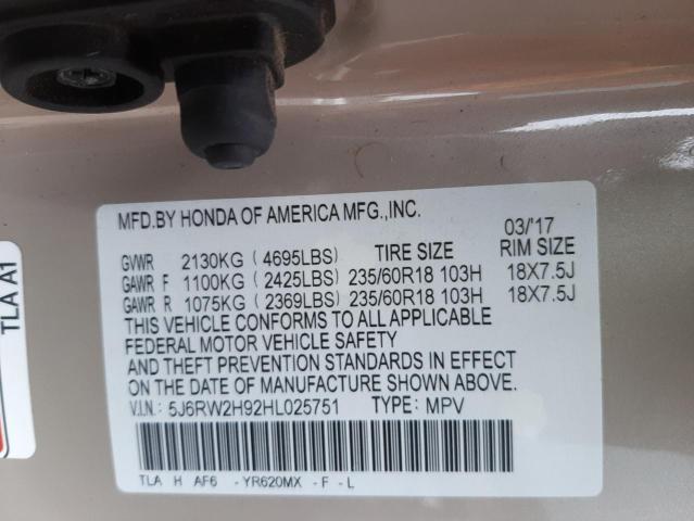 Photo 10 from auction – 2017 HONDA CR-V TOURI with VIN 5J6RW2H92HL025751