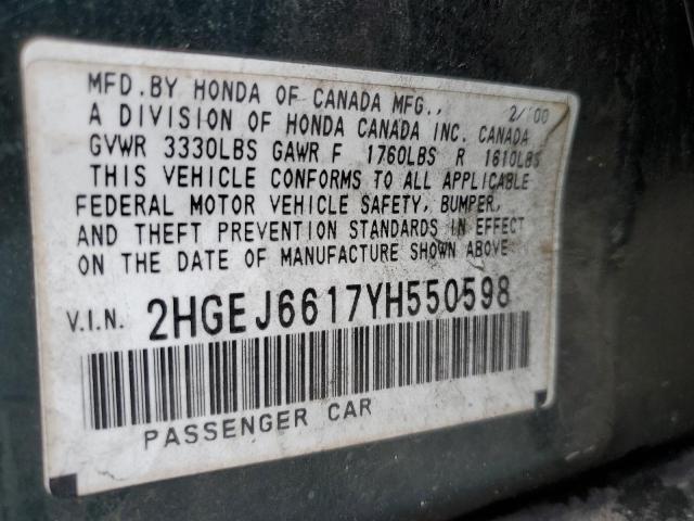 Photo 10 from auction – 2000 HONDA CIVIC BASE with VIN 2HGEJ6617YH550598