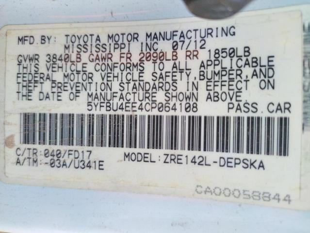 Photo 10 from auction – 2012 TOYOTA COROLLA BA with VIN 5YFBU4EE4CP064108