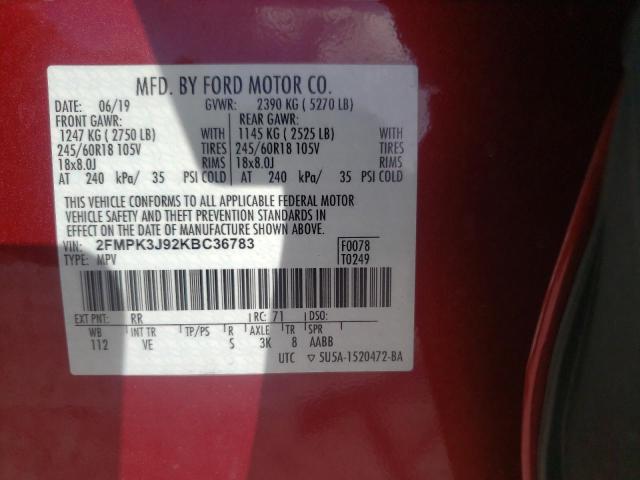 Photo 10 from auction – 2019 FORD EDGE SEL with VIN 2FMPK3J92KBC36783