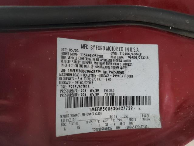 Photo 10 from auction – 2003 MERCURY SABLE GS with VIN 1MEFM50U63G627729