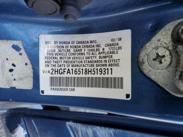 Photo 10 from auction – 2008 HONDA CIVIC with VIN 2HGFA16518H519311