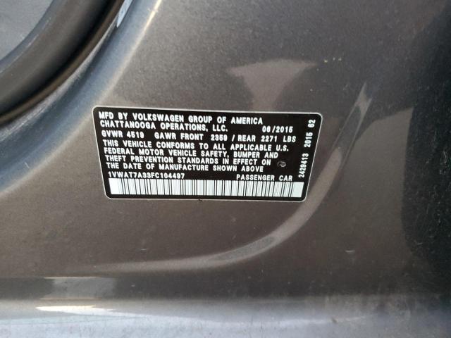 Photo 10 from auction – 2015 VOLKSWAGEN PASSAT S with VIN 1VWAT7A33FC104497
