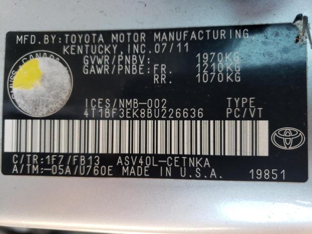 Photo 10 from auction – 2011 TOYOTA CAMRY BASE with VIN 4T1BF3EK8BU226636
