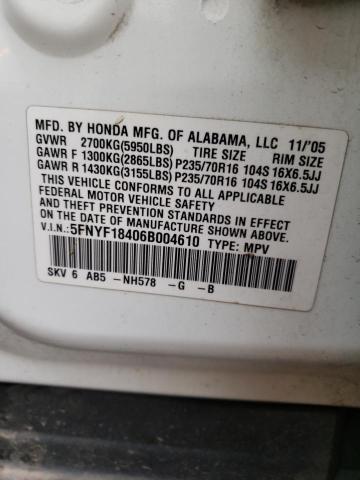 Photo 10 from auction – 2006 HONDA PILOT EX with VIN 5FNYF18406B004610