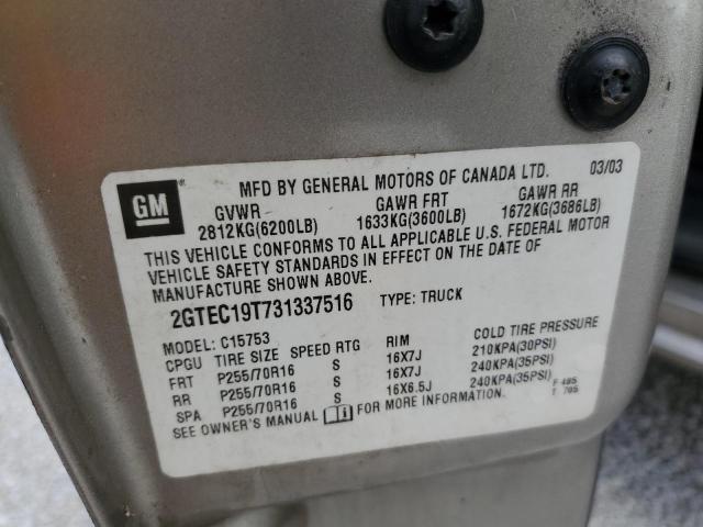 Photo 10 from auction – 2003 GMC SIERRA1500 with VIN 2GTEC19T731337516