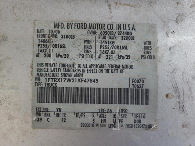 Photo 10 from auction – 2001 FORD F150 with VIN 1FTRX17W21KF47845