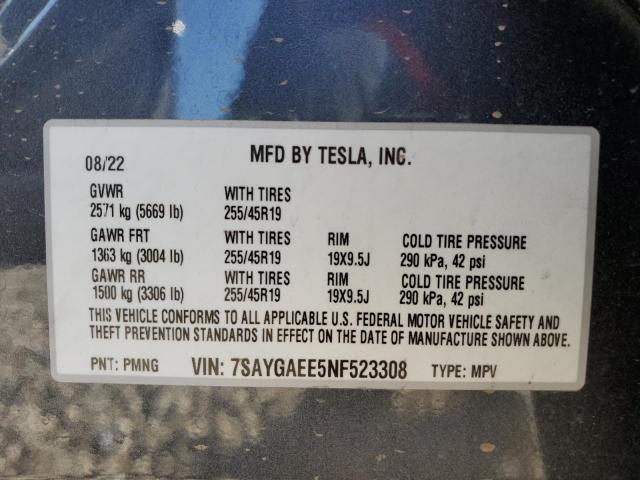 Photo 10 from auction – 2022 TESLA MODEL Y with VIN 7SAYGAEE5NF523308