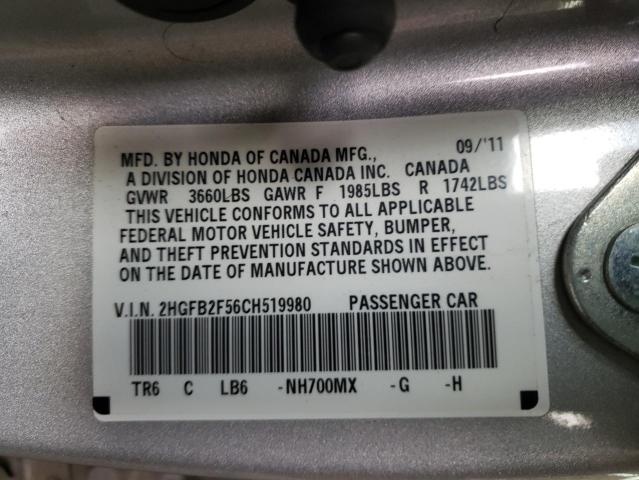 Photo 10 from auction – 2012 HONDA CIVIC LX with VIN 2HGFB2F56CH519980