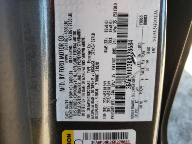Photo 10 from auction – 2019 FORD FUSION SE with VIN 3FA6P0HD2KR228684