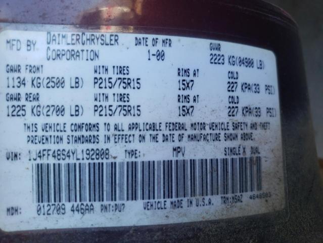 Photo 10 from auction – 2000 JEEP CHEROKEE S with VIN 1J4FF48S4YL192808