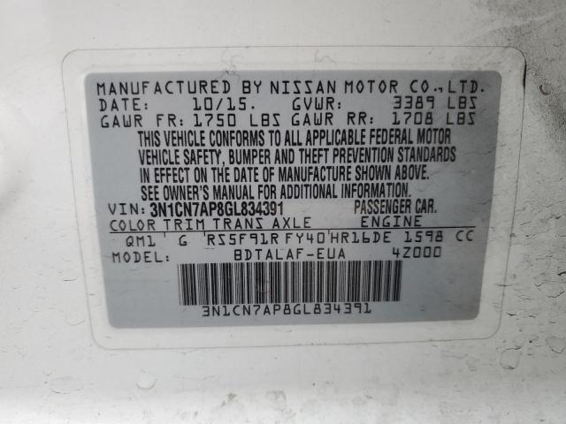 Photo 10 from auction – 2016 NISSAN VERSA S with VIN 3N1CN7AP8GL834391