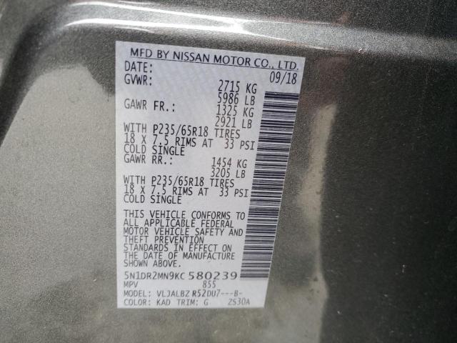 Photo 10 from auction – 2019 NISSAN PATHFINDER with VIN 5N1DR2MN9KC580239
