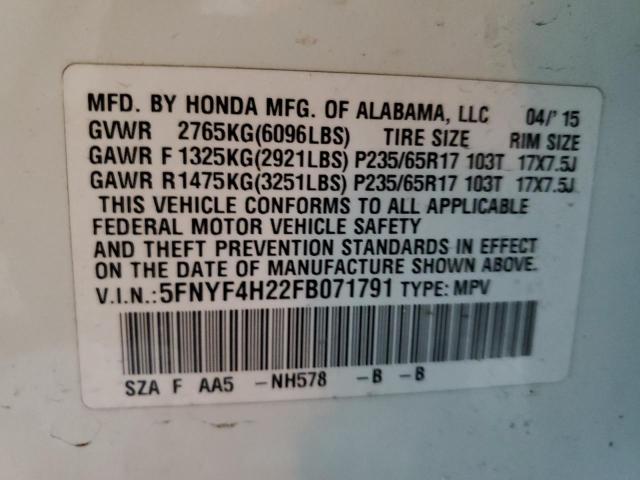 Photo 10 from auction – 2015 HONDA PILOT LX with VIN 5FNYF4H22FB071791