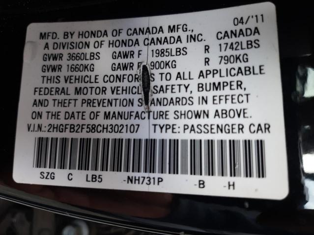 Photo 10 from auction – 2012 HONDA CIVIC LX with VIN 2HGFB2F58CH302107