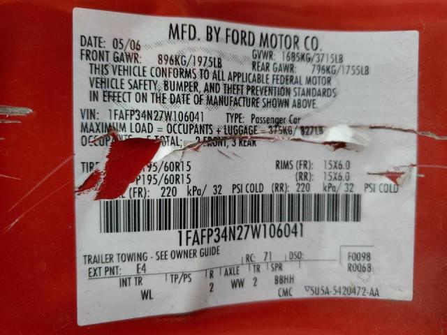 Photo 10 from auction – 2007 FORD FOCUS ZX4 with VIN 1FAFP34N27W106041