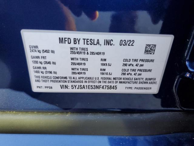 Photo 10 from auction – 2022 TESLA MODEL S with VIN 5YJSA1E53NF475845