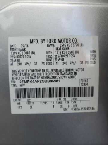 Photo 10 from auction – 2016 FORD EDGE SPORT with VIN 2FMPK4AP2GBB86981
