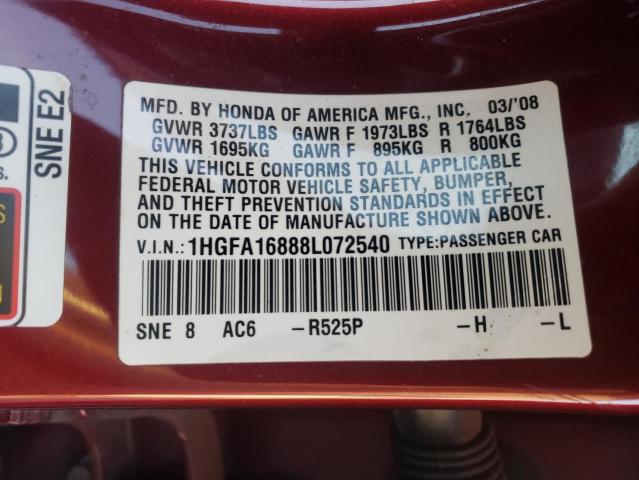 Photo 10 from auction – 2008 HONDA CIVIC EX with VIN 1HGFA16888L072540