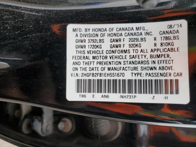 Photo 10 from auction – 2014 HONDA CIVIC EX with VIN 2HGFB2F81EH551670