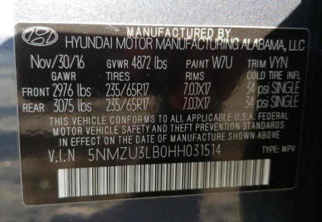 Photo 10 from auction – 2017 HYUNDAI SANTA FE S with VIN 5NMZU3LB0HH031514