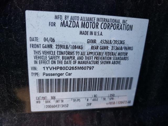 Photo 10 from auction – 2006 MAZDA 6 S with VIN 1YVHP80D265M60797