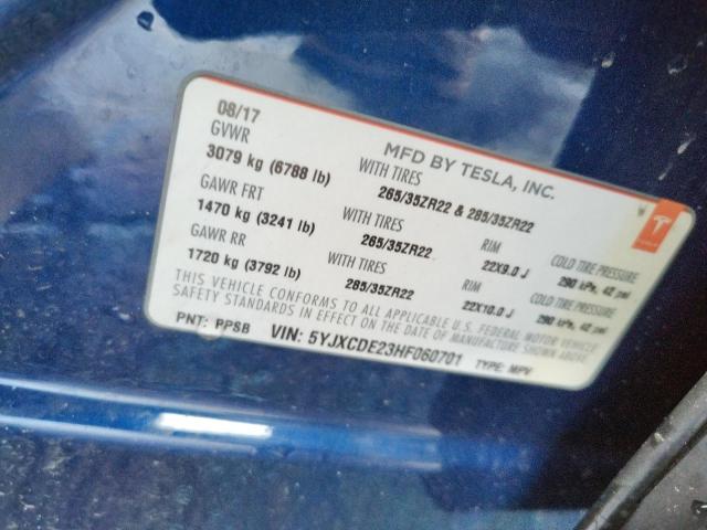 Photo 10 from auction – 2017 TESLA MODEL X with VIN 5YJXCDE23HF060701