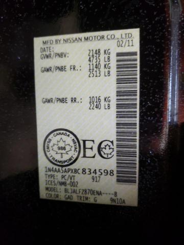Photo 10 from auction – 2011 NISSAN MAXIMA S with VIN 1N4AA5APXBC834598