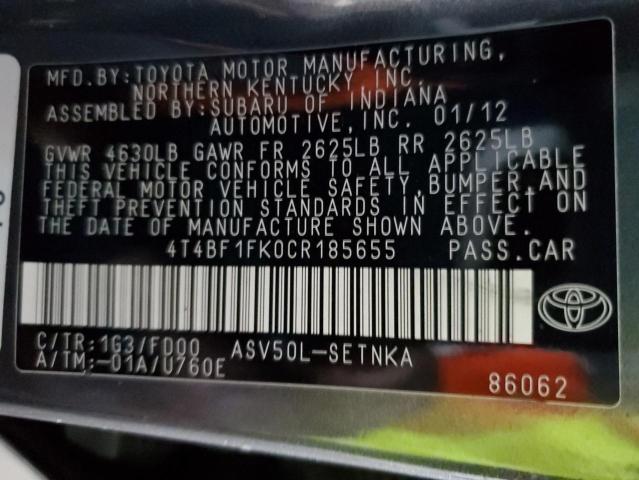 Photo 10 from auction – 2012 TOYOTA CAMRY BASE with VIN 4T4BF1FK0CR185655
