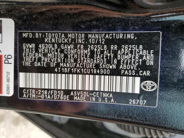 Photo 10 from auction – 2012 TOYOTA CAMRY BASE with VIN 4T1BF1FK1CU184900