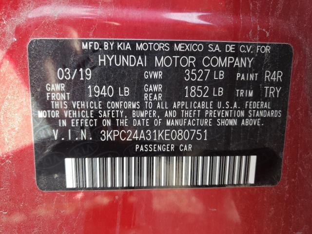 Photo 10 from auction – 2019 HYUNDAI ACCENT SE with VIN 3KPC24A31KE080751