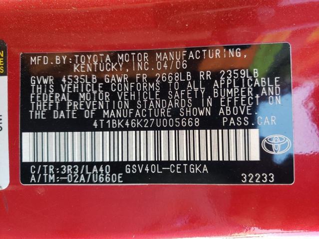 Photo 10 from auction – 2007 TOYOTA CAMRY LE with VIN 4T1BK46K27U005668