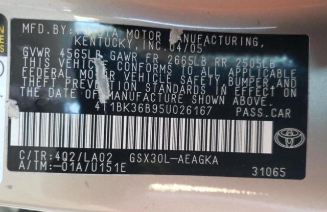 Photo 10 from auction – 2005 TOYOTA AVALON XL with VIN 4T1BK36B95U026167
