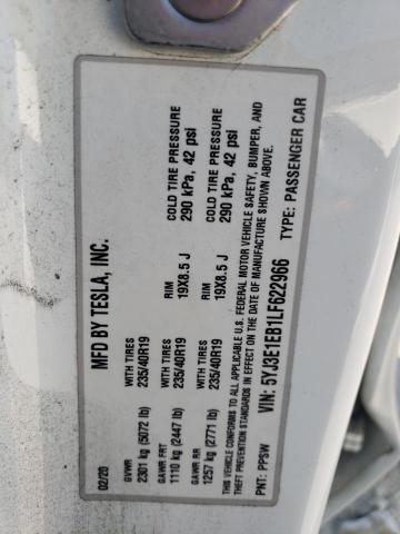 Photo 10 from auction – 2020 TESLA MODEL 3 with VIN 5YJ3E1EB1LF622966