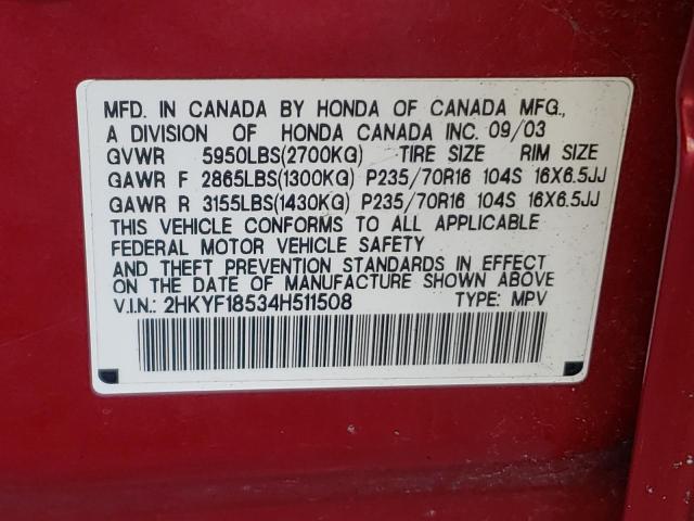 Photo 10 from auction – 2004 HONDA PILOT EXL with VIN 2HKYF18534H511508