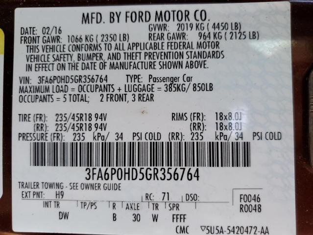 Photo 10 from auction – 2016 FORD FUSION SE with VIN 3FA6P0HD5GR356764