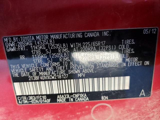 Photo 10 from auction – 2012 TOYOTA RAV4 with VIN 2T3BF4DVXCW218127