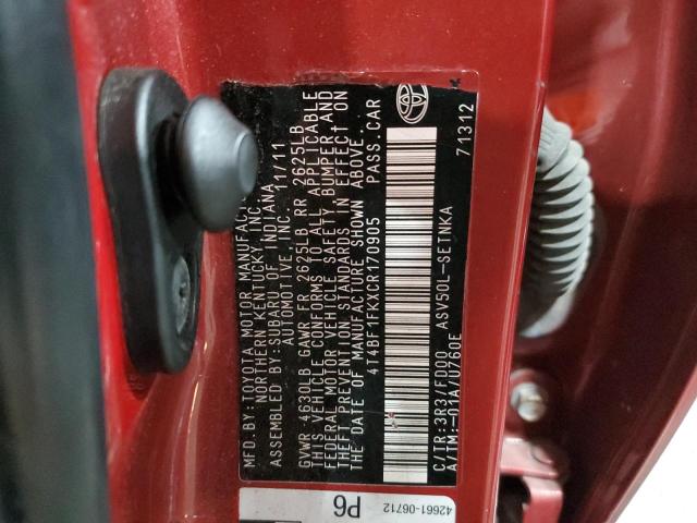 Photo 10 from auction – 2012 TOYOTA CAMRY BASE with VIN 4T4BF1FKXCR170905