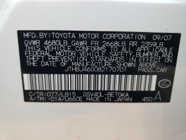 Photo 10 from auction – 2008 LEXUS ES 350 with VIN JTHBJ46G082170701