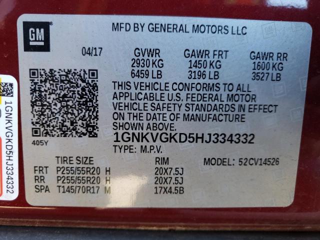 Photo 10 from auction – 2017 CHEVROLET TRAVERSE L with VIN 1GNKVGKD5HJ334332