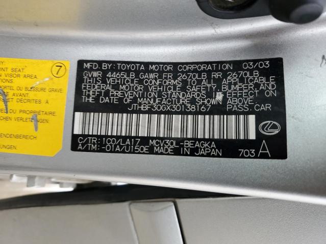 Photo 10 from auction – 2003 LEXUS ES 300 with VIN JTHBF30GX30138167