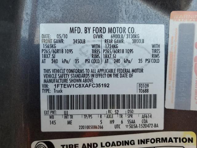 Photo 10 from auction – 2010 FORD F150 SUPER with VIN 1FTEW1C8XAFC35192