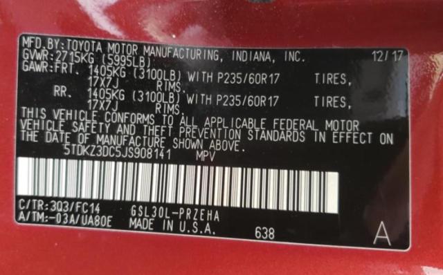 Photo 10 from auction – 2018 TOYOTA SIENNA LE with VIN 5TDKZ3DC5JS908141