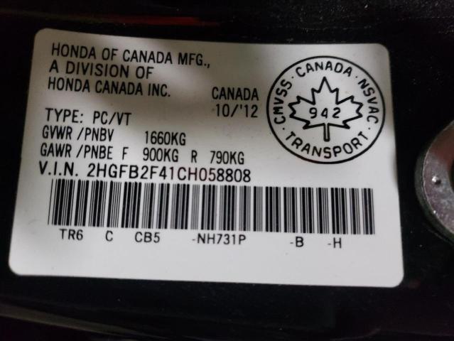 Photo 10 from auction – 2012 HONDA CIVIC LX with VIN 2HGFB2F41CH058808