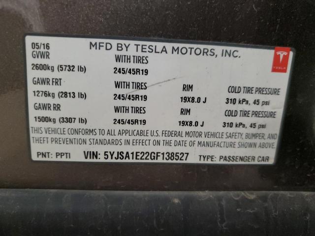 Photo 10 from auction – 2016 TESLA MODEL S with VIN 5YJSA1E22GF138527