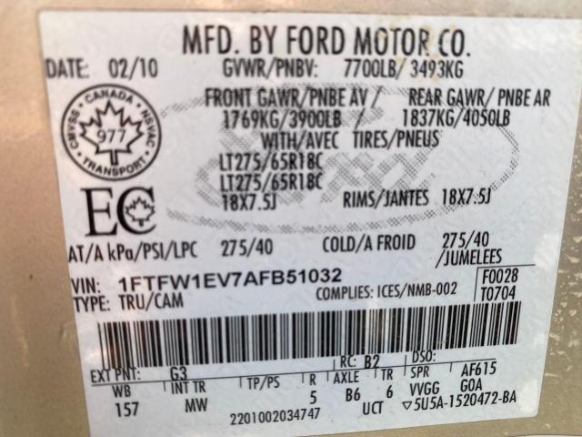 Photo 10 from auction – 2010 FORD F150 SUPER with VIN 1FTFW1EV7AFB51032
