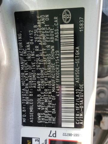 Photo 10 from auction – 2012 TOYOTA CAMRY BASE with VIN 4T4BF1FK0CR215429