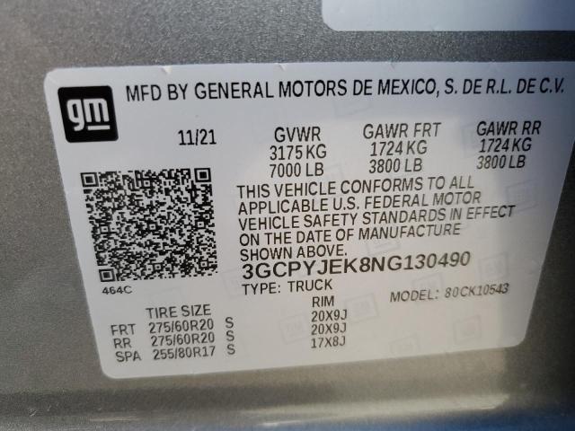 Photo 10 from auction – 2022 CHEVROLET SILVERADO with VIN 3GCPYJEK8NG130490