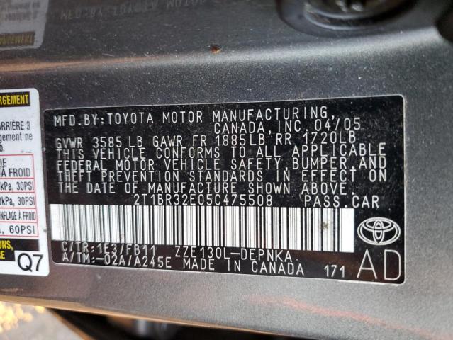 Photo 10 from auction – 2005 TOYOTA COROLLA CE with VIN 2T1BR32E05C475508