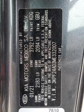 Photo 10 from auction – 2021 KIA FORTE FE with VIN 3KPF24AD3ME332007